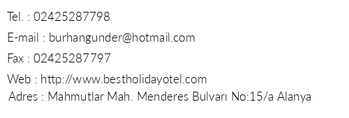 Best Holiday Hotel telefon numaralar, faks, e-mail, posta adresi ve iletiim bilgileri